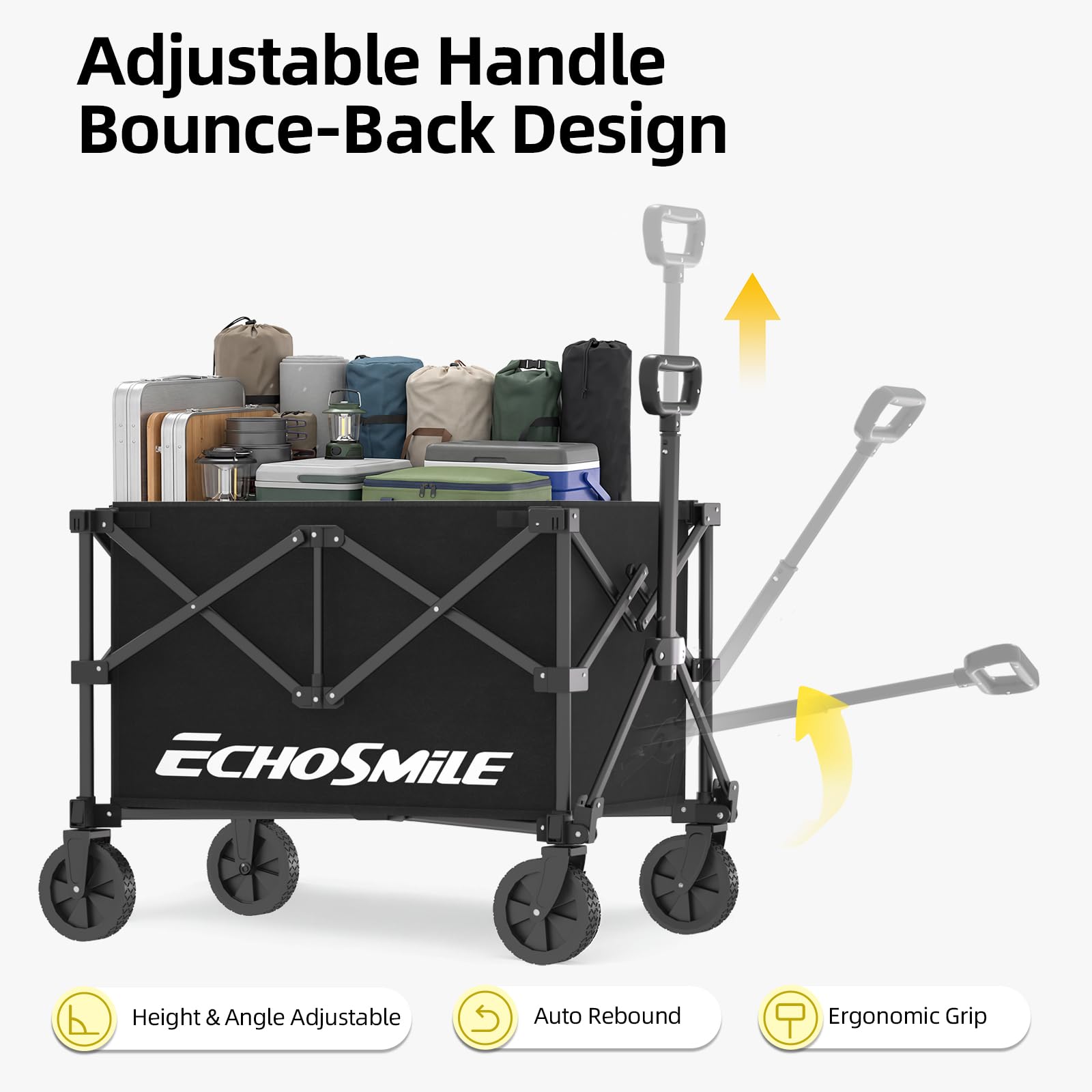 EchoSmile at campsite loaded with coolers and tents showing outdoor gear transport benefit