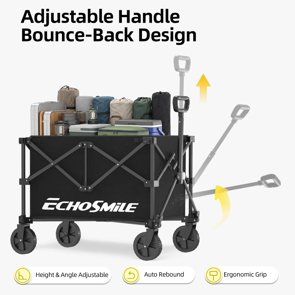 EchoSmile at campsite loaded with coolers and tents showing outdoor gear transport benefit