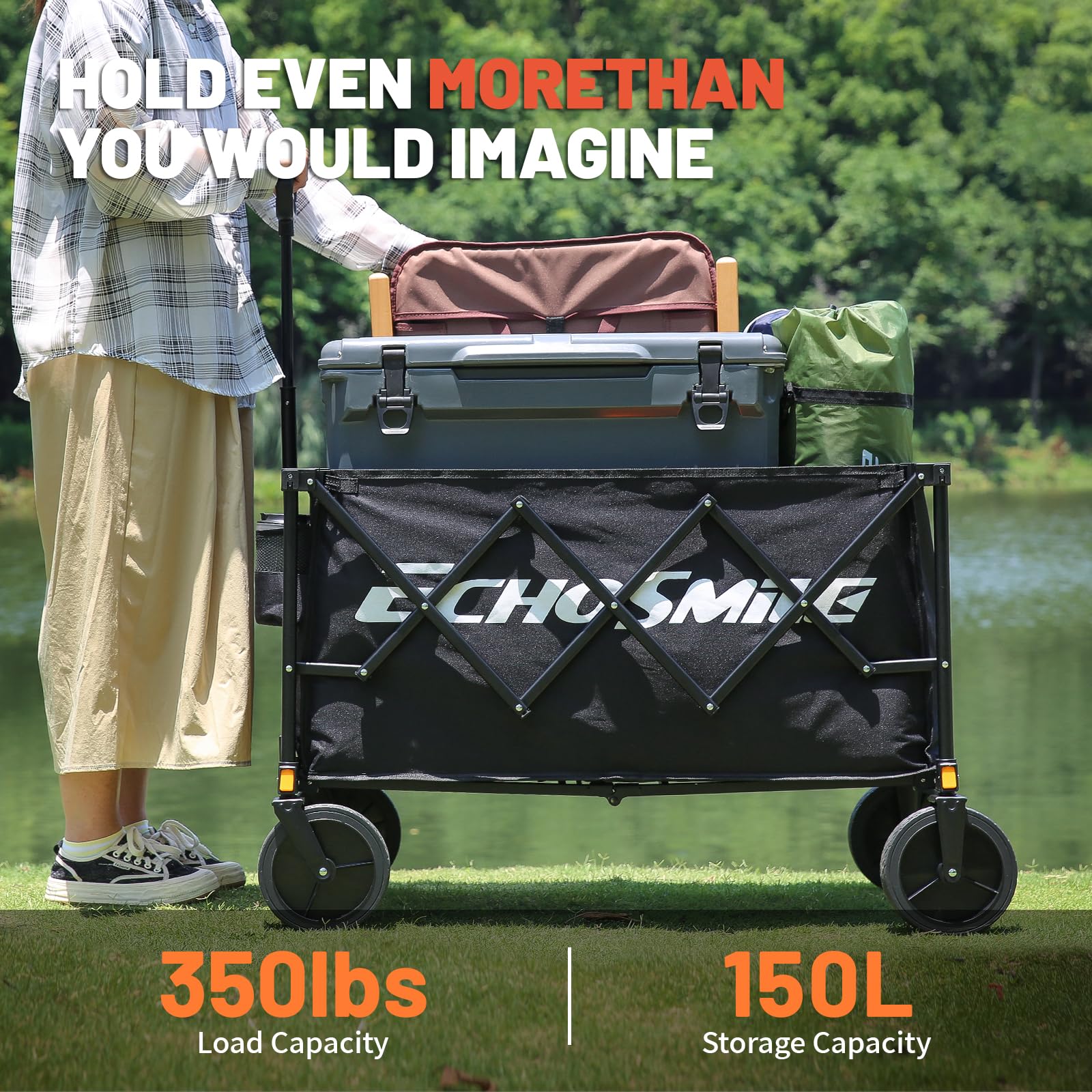 EchoSmile loaded with groceries illustrating secure hauling and 350 lb capacity