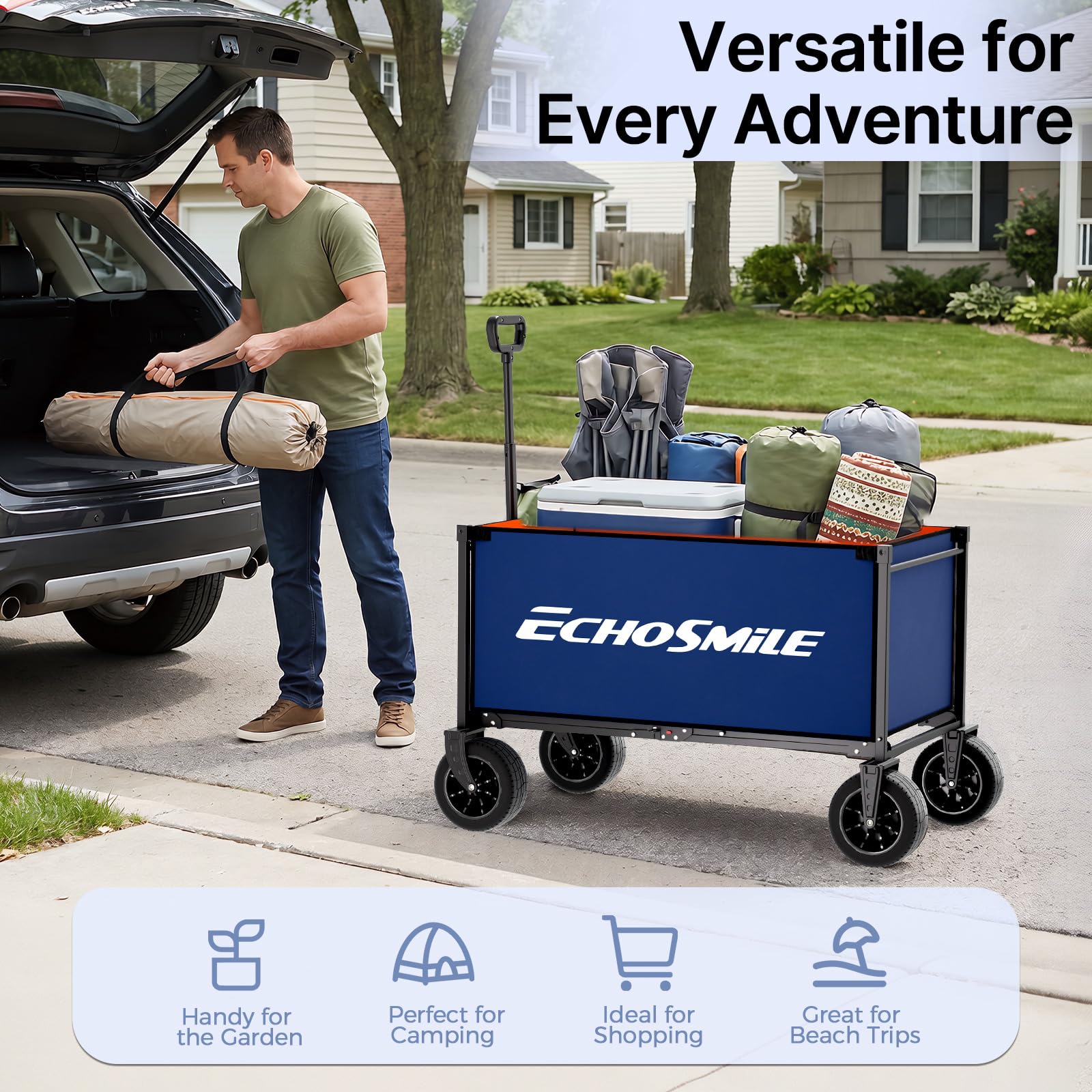 EchoSmile wagon on sandy beach showcasing all-terrain wheels that prevent sinking