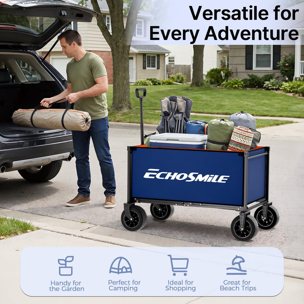 EchoSmile wagon on sandy beach showcasing all-terrain wheels that prevent sinking