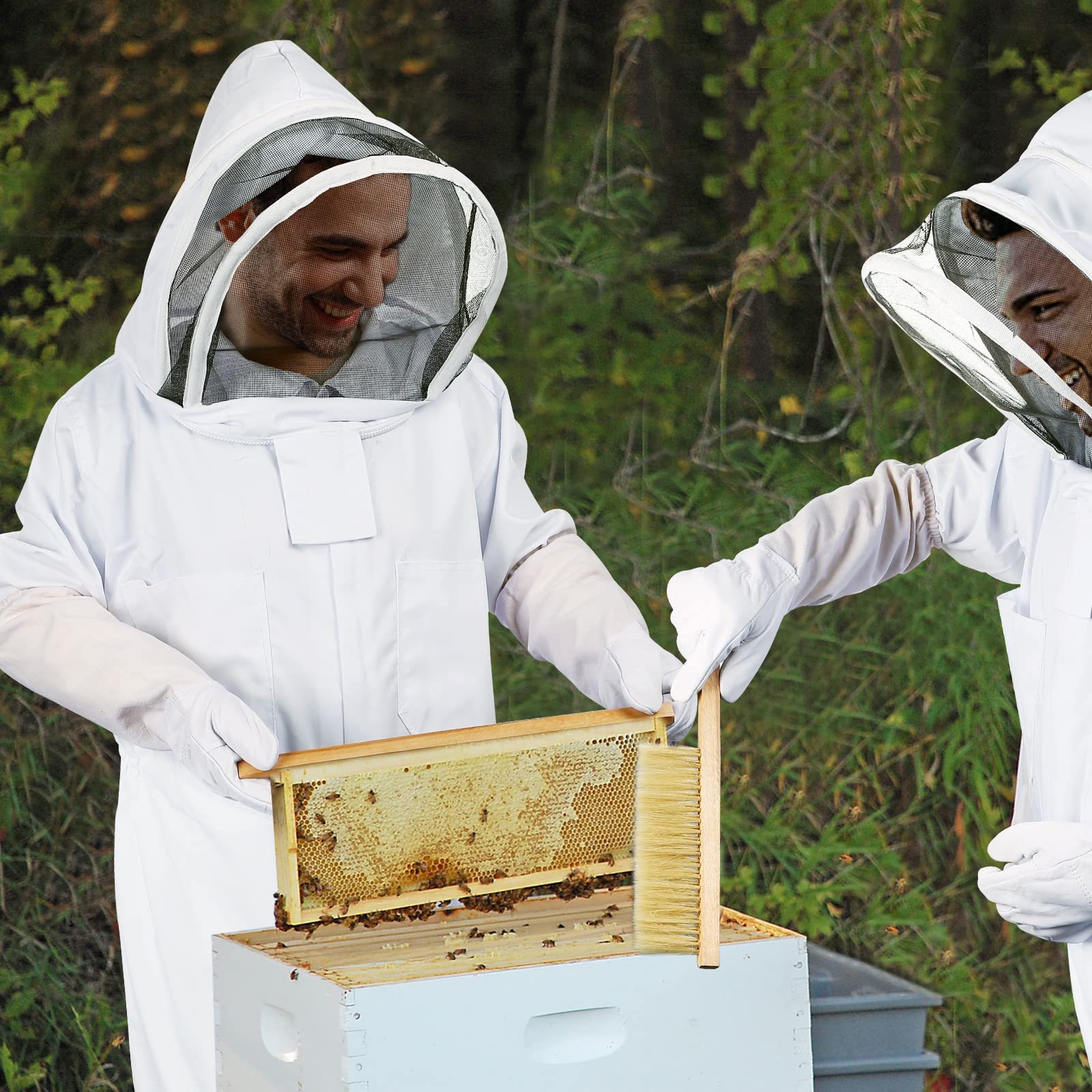 ECKXCH beekeeper wearing suit inspecting hive demonstrating practical use and protection