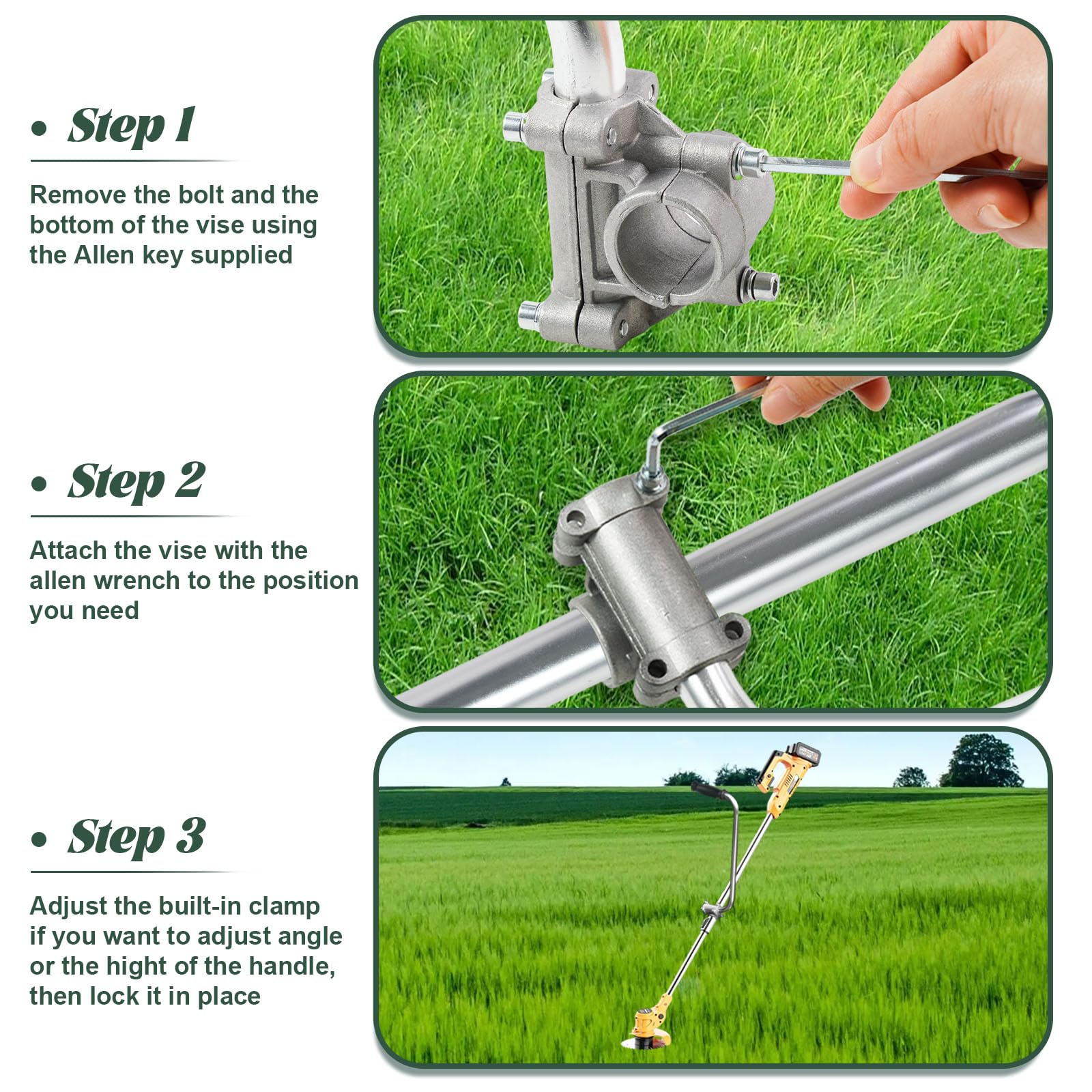 Ecmln handle installed on trimmer demonstrating improved posture and control