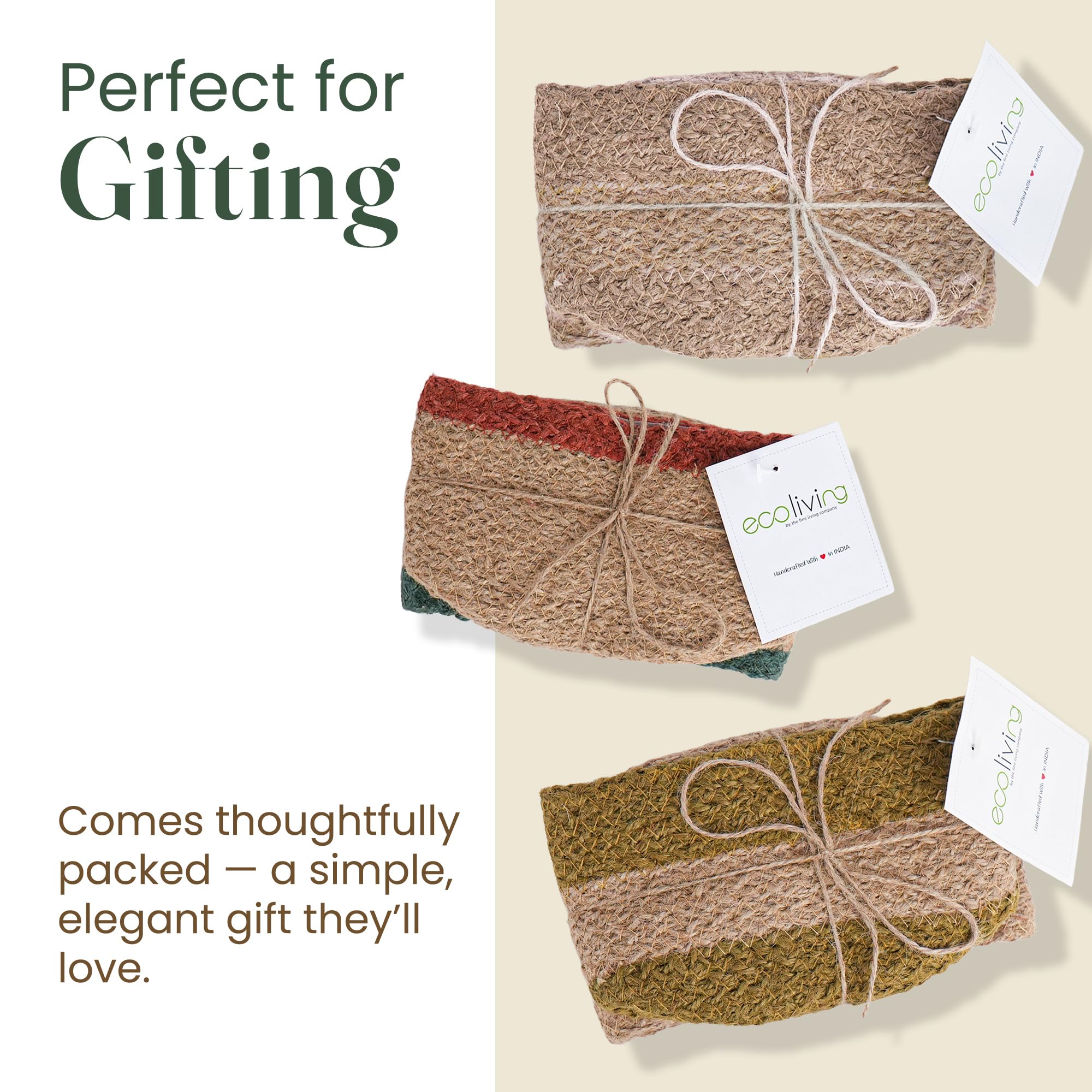 Eco Living trio of jute covers styled on a shelf adding warm natural decor