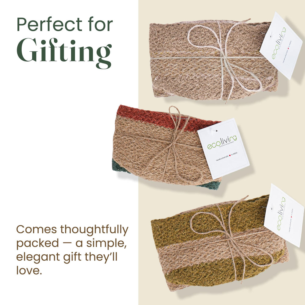 Eco Living trio of jute covers styled on a shelf adding warm natural decor