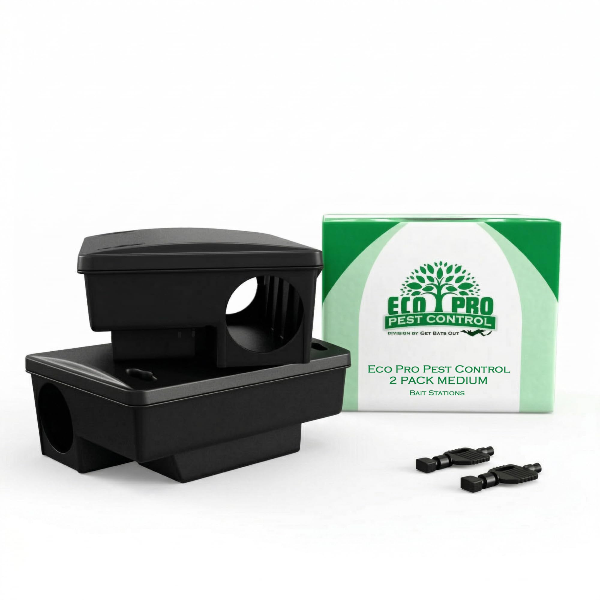 Eco Pro Pest Control front view of medium bait station showing secure exterior benefit