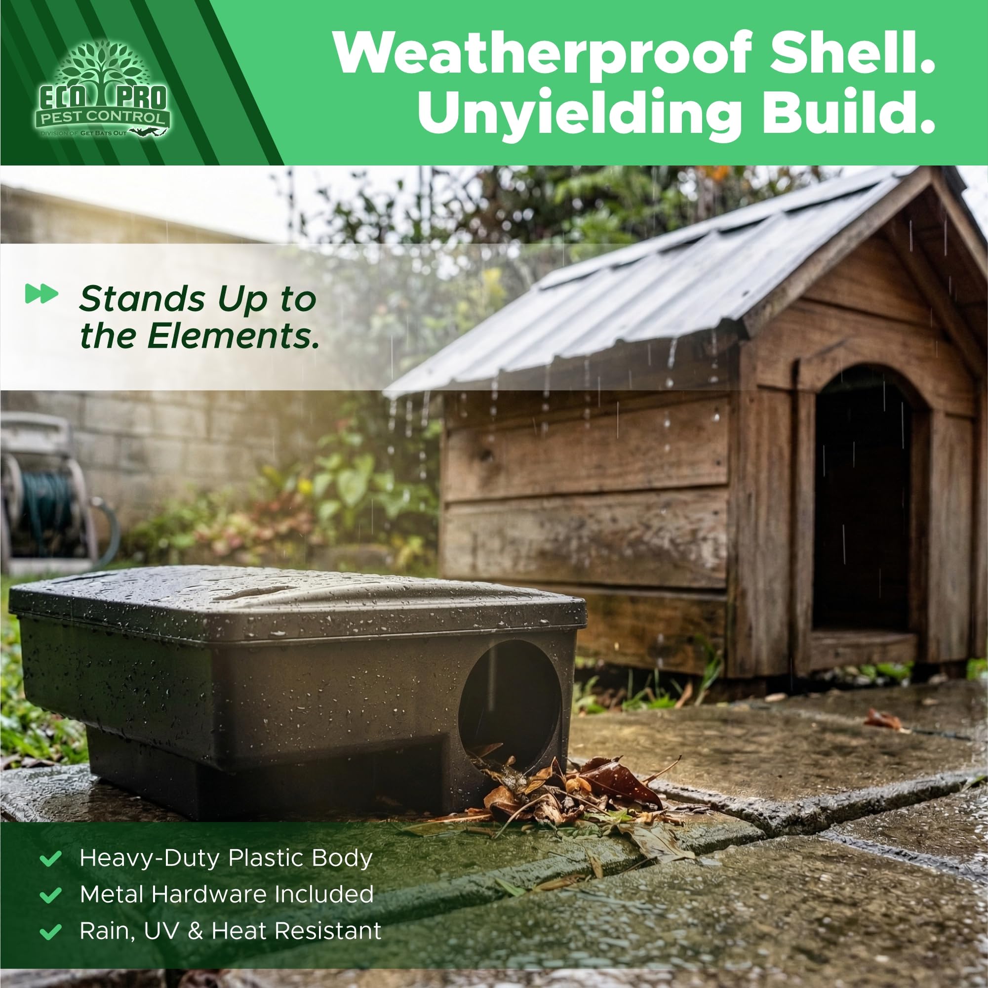 Eco Pro Pest Control bait station placed in garage showing discreet indoor protection benefit