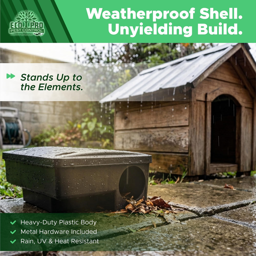 Eco Pro Pest Control bait station placed in garage showing discreet indoor protection benefit
