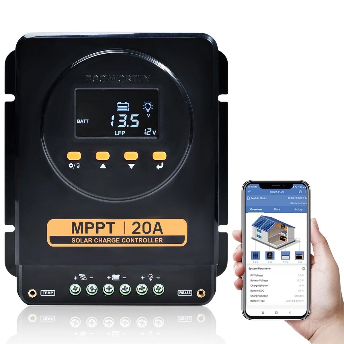 ECO-WORTHY front view showing compact MPPT controller and Bluetooth for easy monitoring