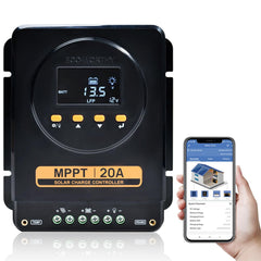 ECO-WORTHY front view showing compact MPPT controller and Bluetooth for easy monitoring