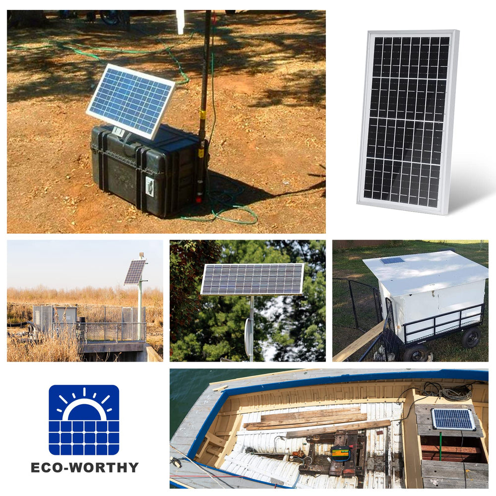 ECO-WORTHY panel near lawn tractor, maintaining battery charge in yard use