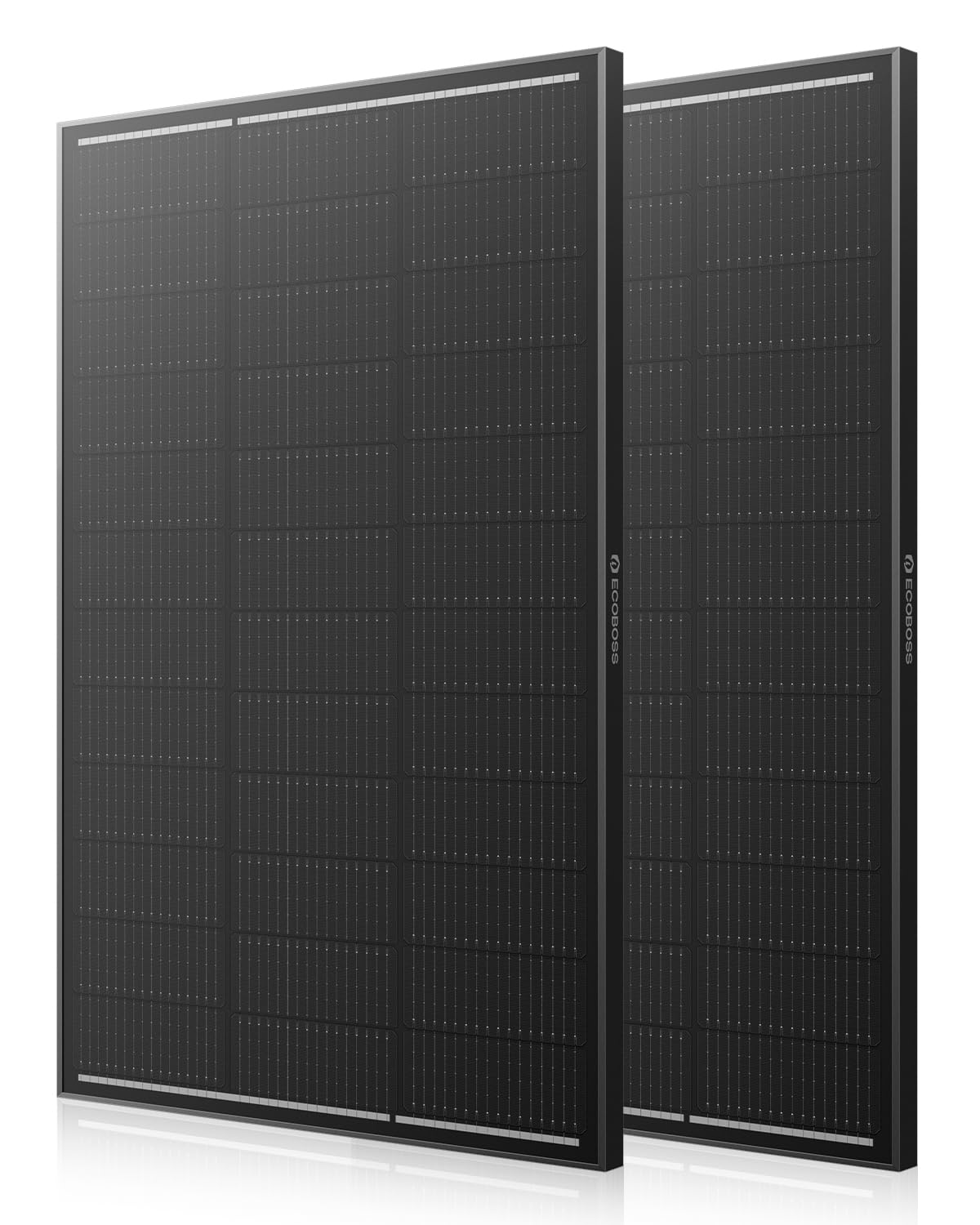 ECOBOSS front view of 100W panel showing sleek glass and frame, highlighting durable outdoor performance