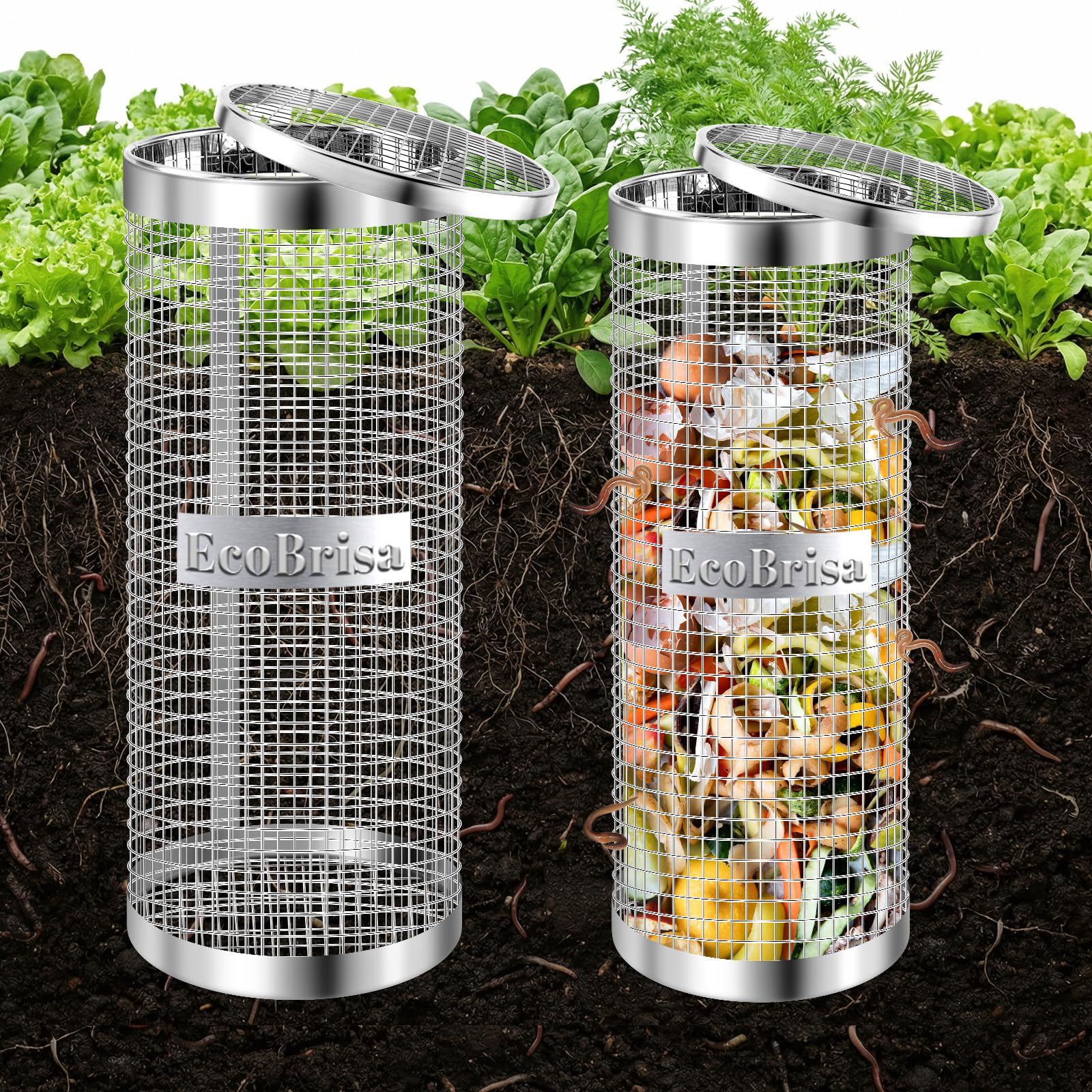 EcoBrisa front view of silvery metal bin showing compact design and durability