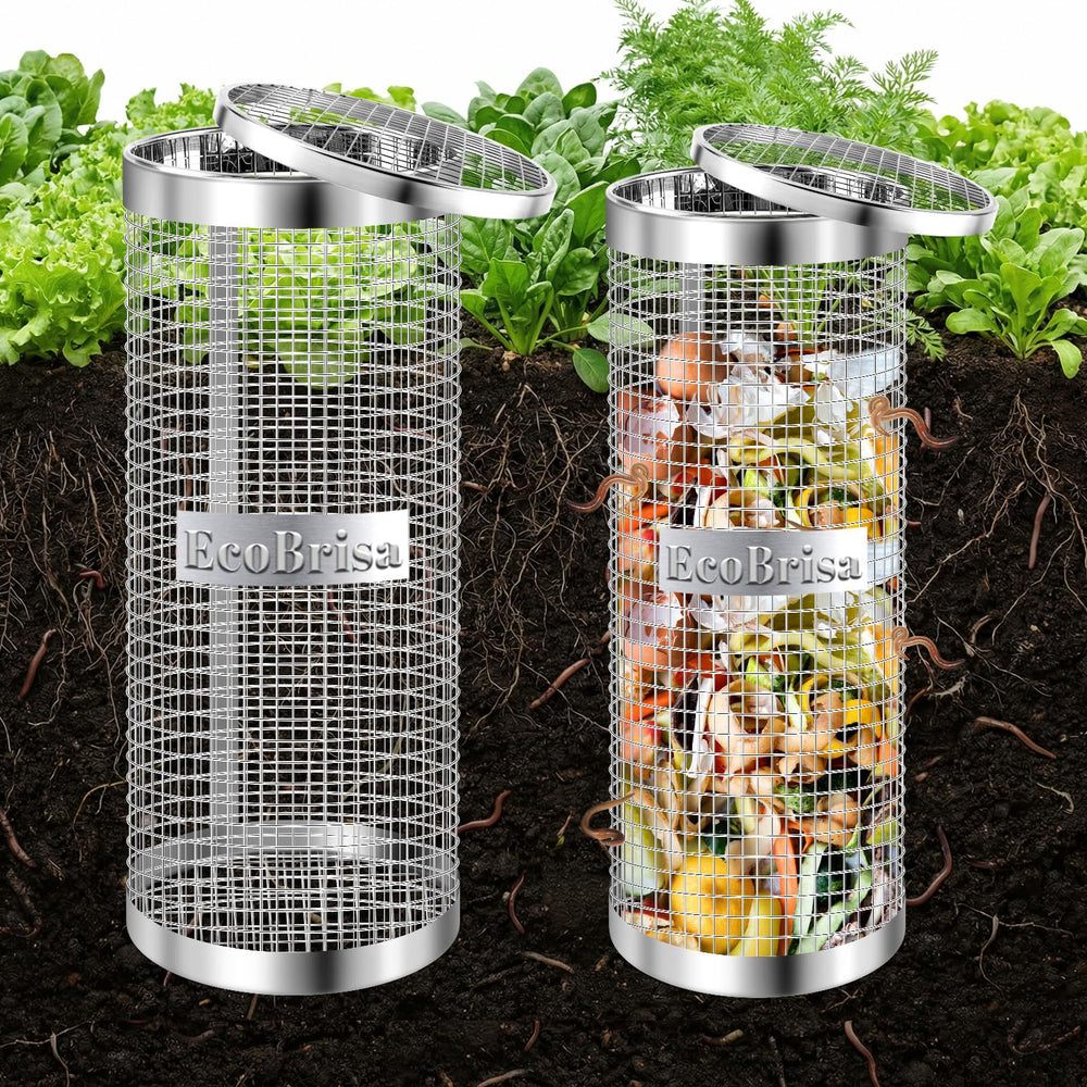 EcoBrisa front view of silvery metal bin showing compact design and durability