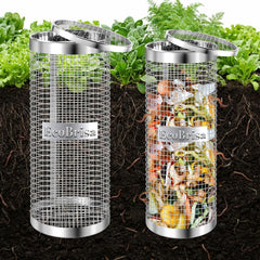 EcoBrisa front view of silvery metal bin showing compact design and durability