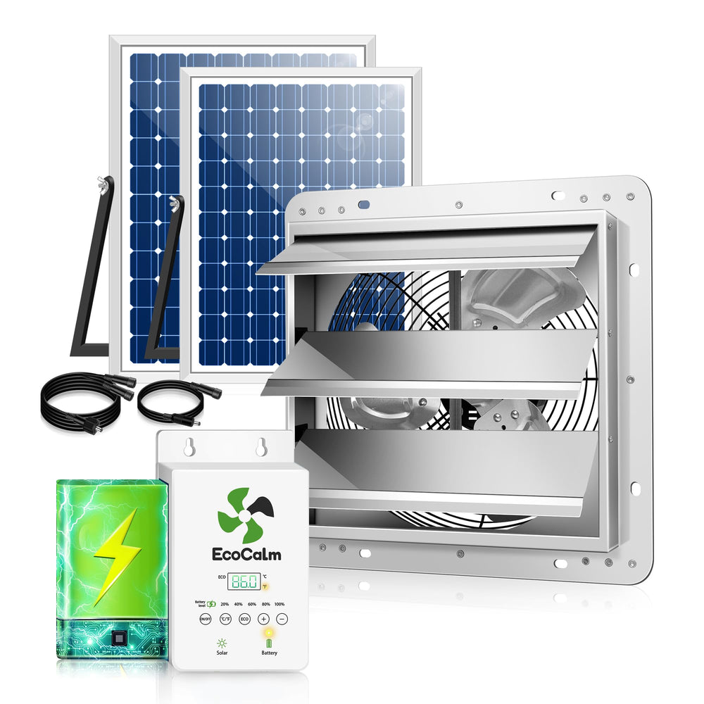 ecoCalm front view of solar exhaust fan showing compact housing and grille, improves ventilation