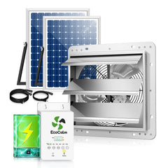 ecoCalm front view of solar exhaust fan showing compact housing and grille, improves ventilation