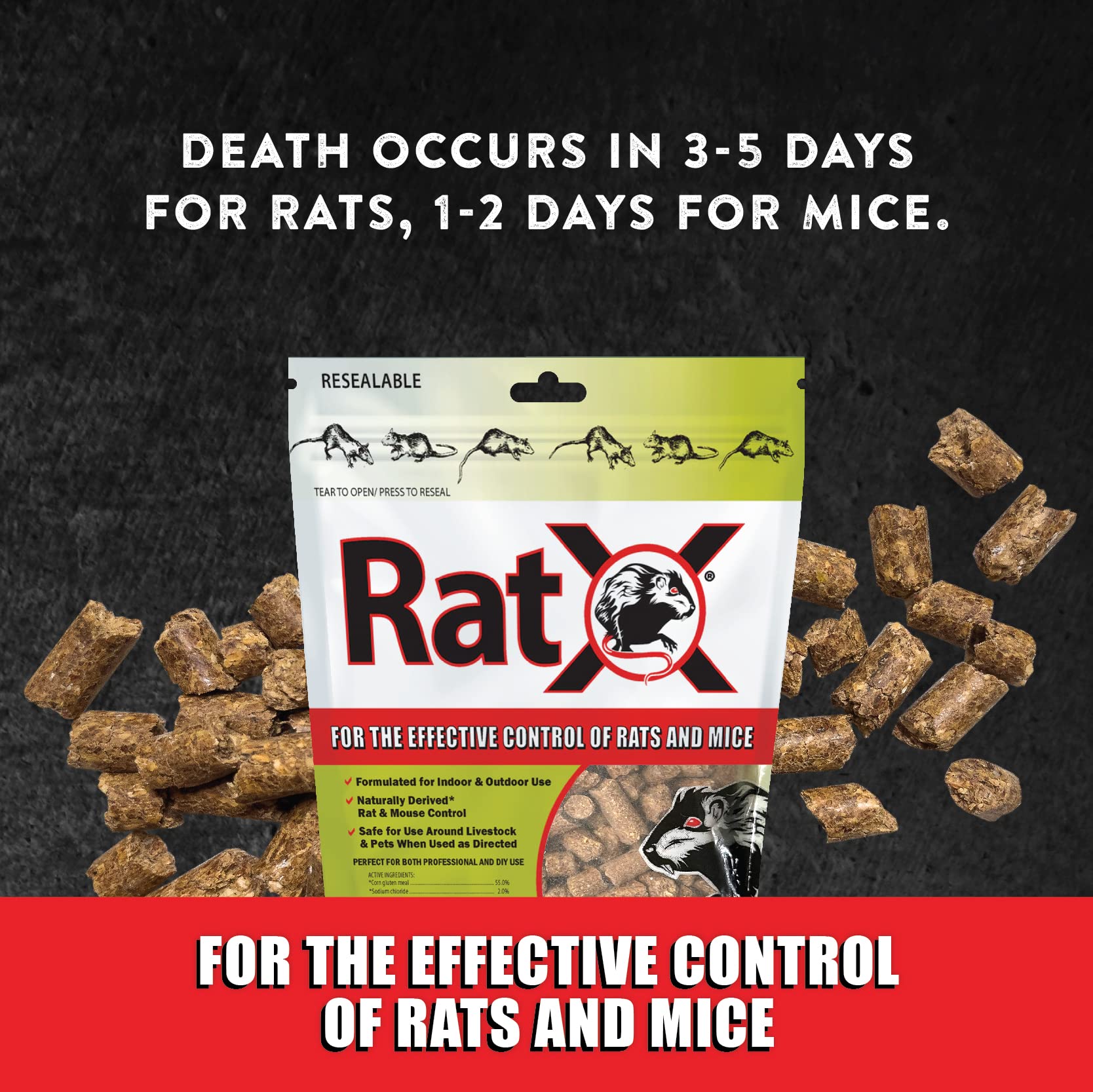 EcoClear RatX open bag with pellets visible to show product volume and appearance