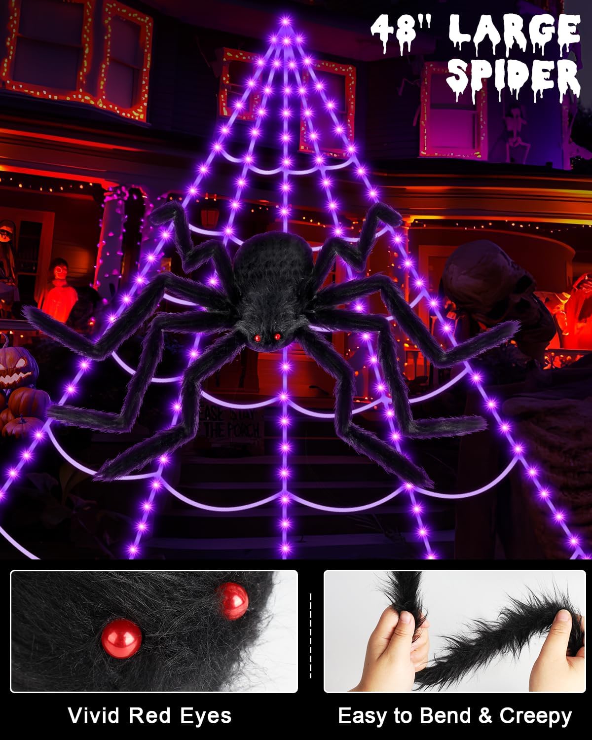 ECOHDT close-up of 48-inch giant spider with red eyes for spooky realism