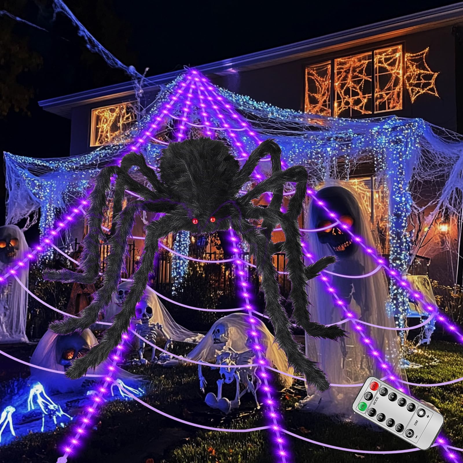 ECOHDT front view of purple LED spider web showing dramatic outdoor glow