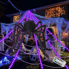 ECOHDT front view of purple LED spider web showing dramatic outdoor glow
