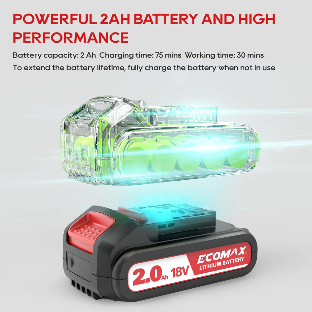 ECOMAX ELG03 18V 2.0Ah battery and charger included for ready-to-use power