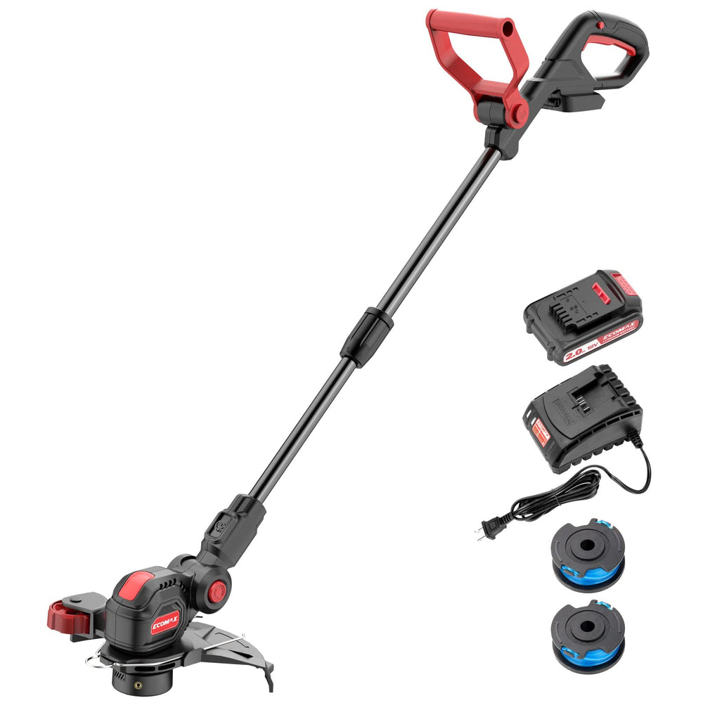 ECOMAX ELG03 front view showing compact trimmer for easy storage and maneuvering