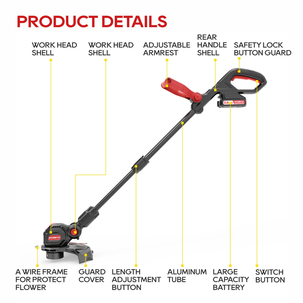 ECOMAX ELG03 ergonomic rubber handle and controls for comfortable trimming