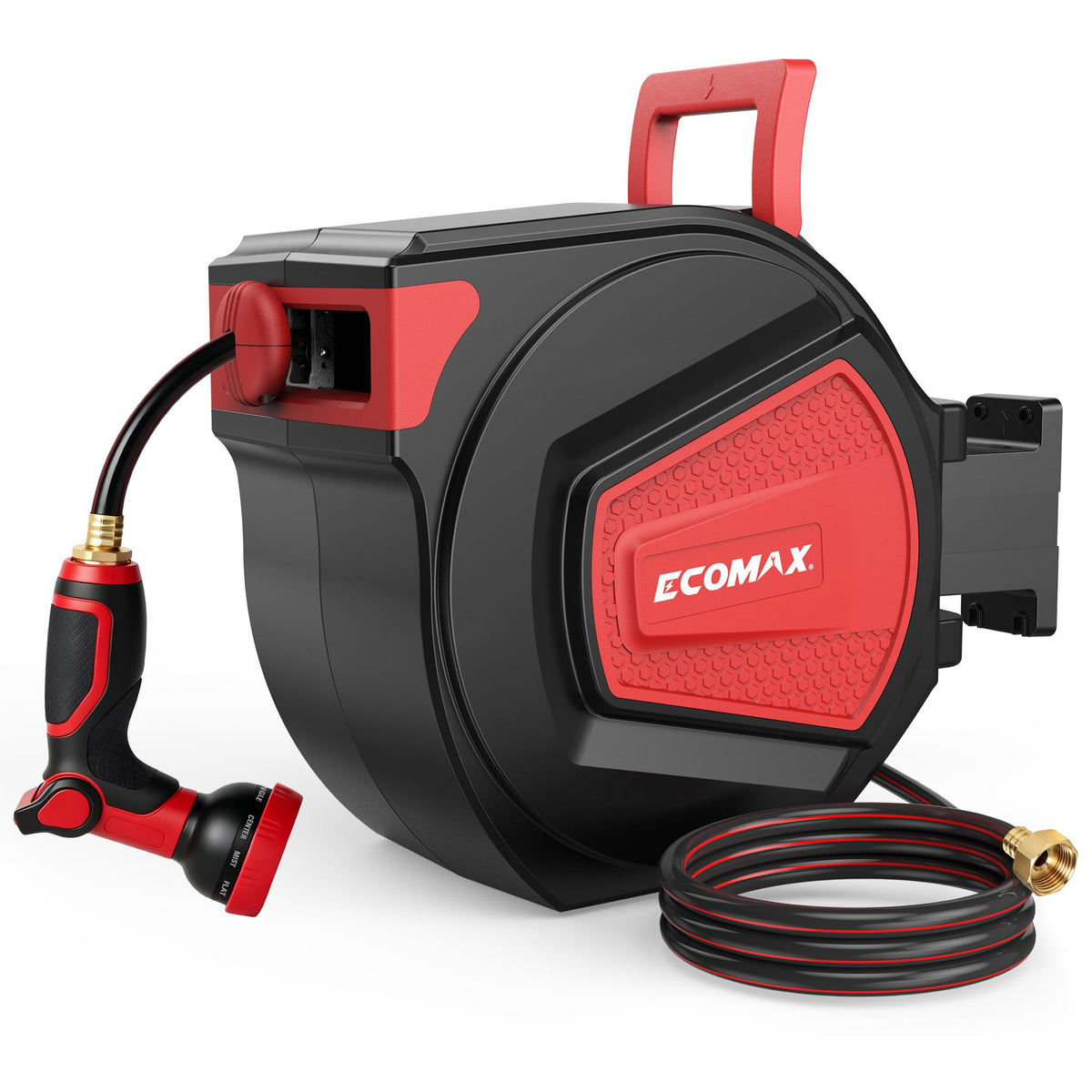 ECOMAX retractable hose reel front view showing compact, tidy storage and quick access