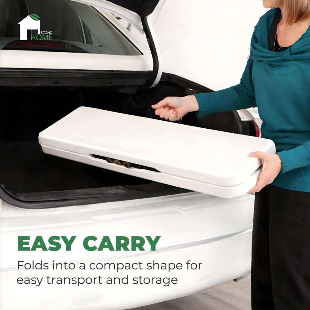 EconoHome folded bench stored in car trunk highlighting compact portability