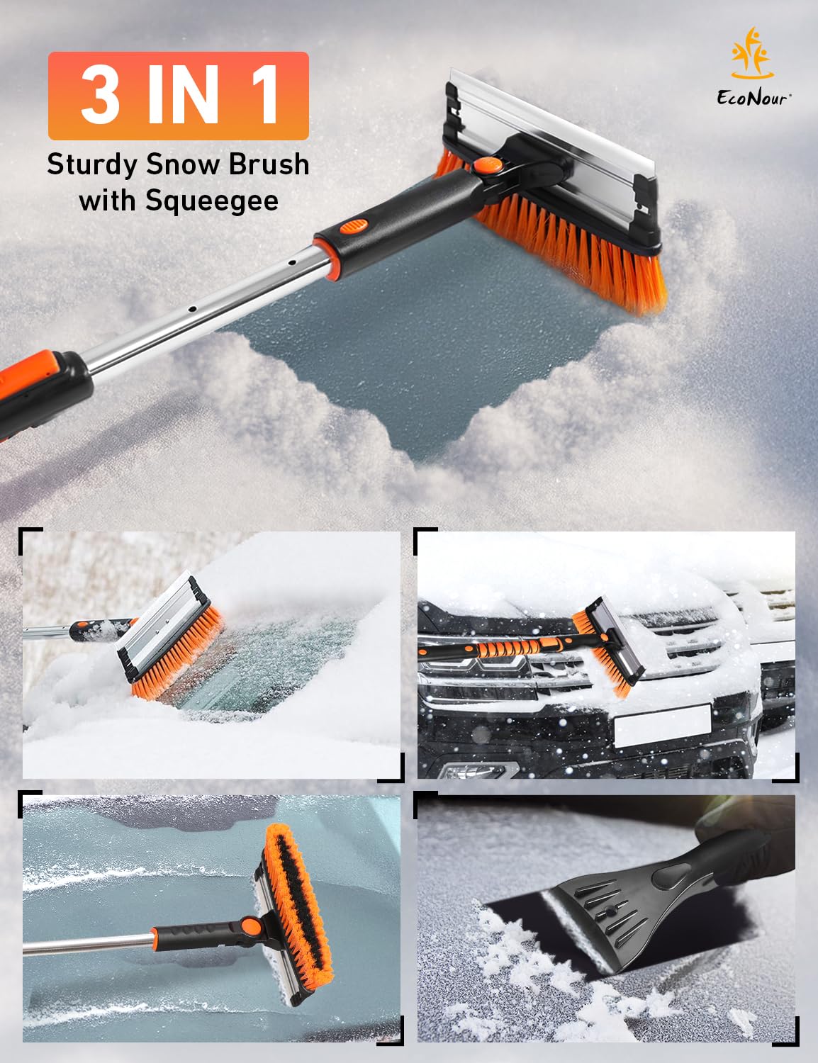 EcoNour in use clearing snow from SUV illustrating faster, safer winter cleanup