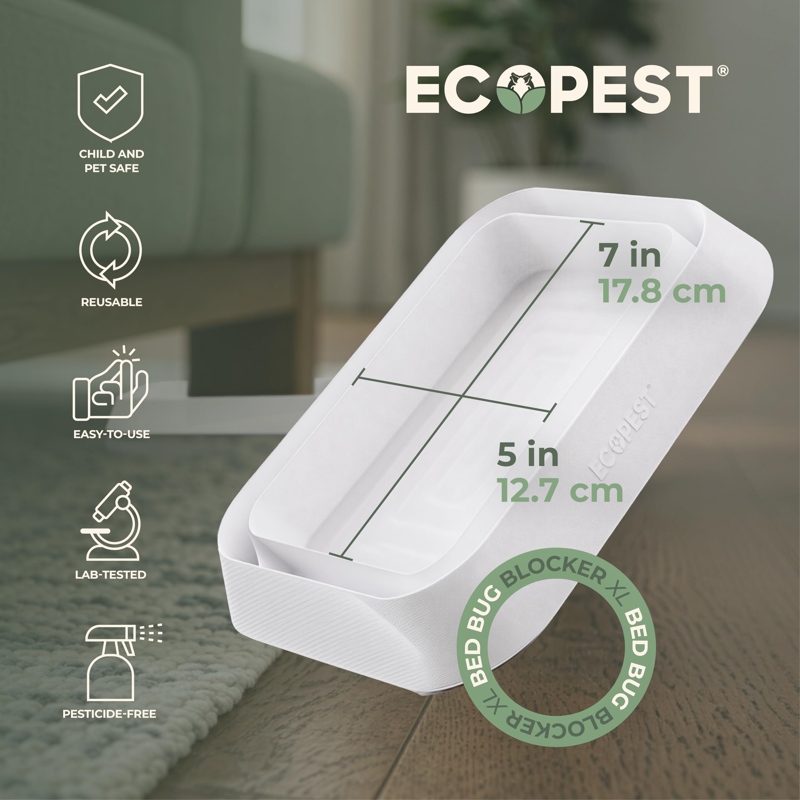 ECOPEST XL trap beside a ruler showing extra-large diameter to fit wide mattress posts