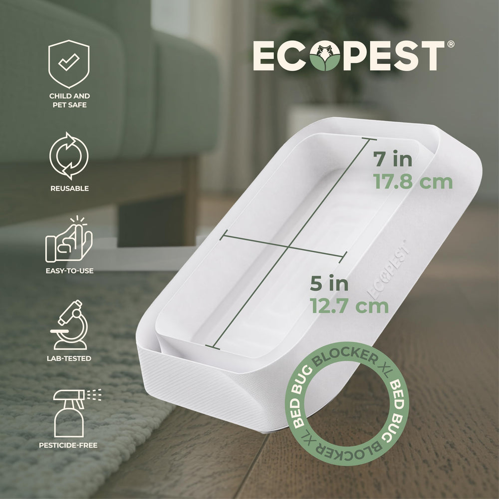 ECOPEST XL trap beside a ruler showing extra-large diameter to fit wide mattress posts