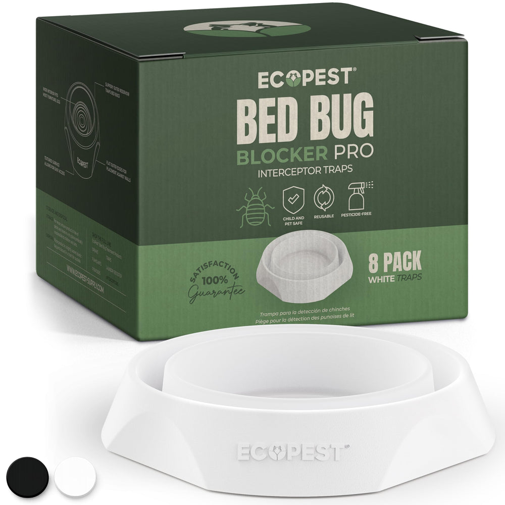 ECOPEST front packaging showing eight white bed bug interceptors and benefits