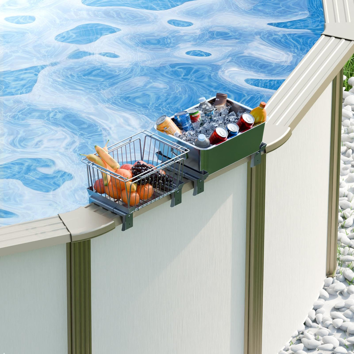 ECOPOOLTECH front view of mounted baskets showing easy access benefits