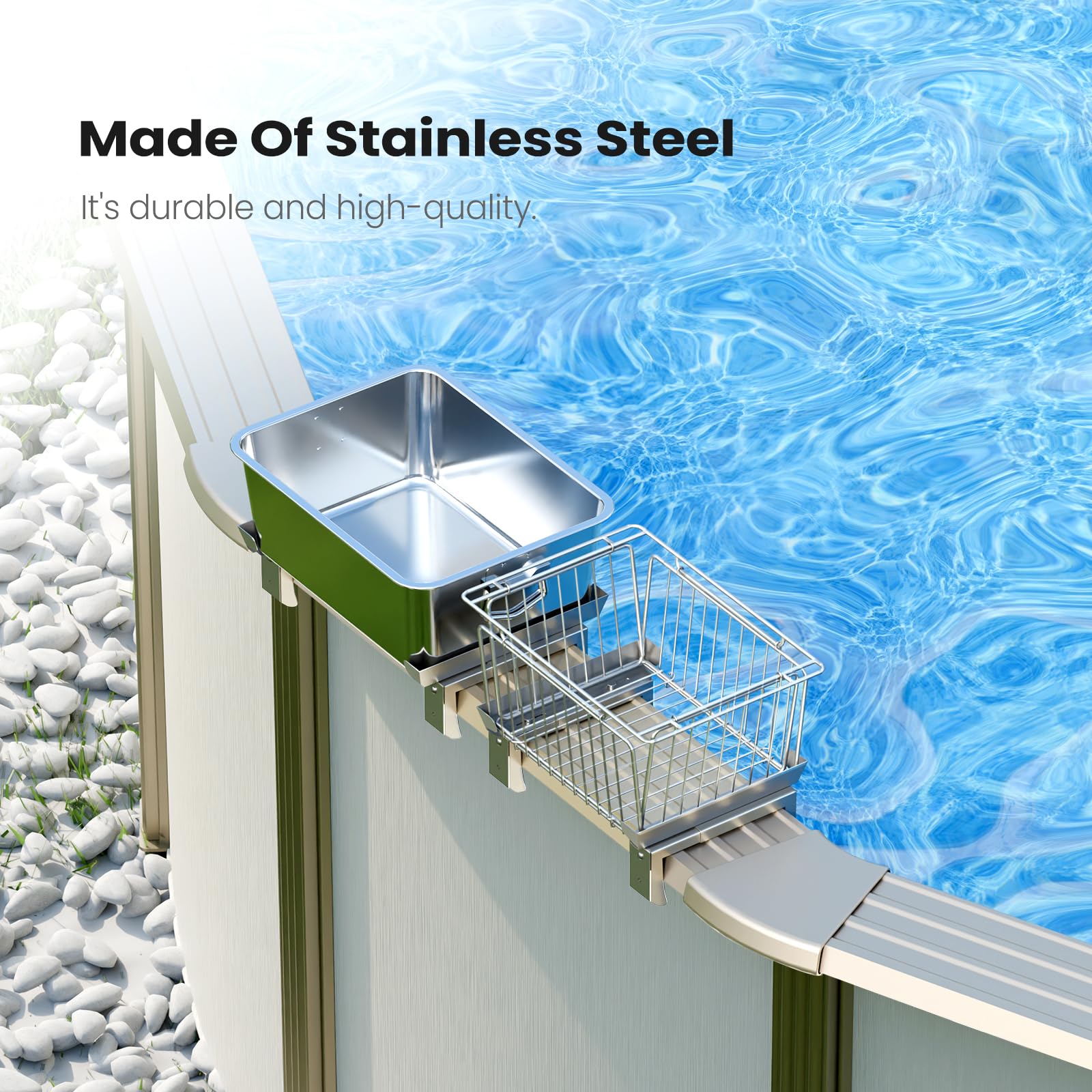 ECOPOOLTECH side profile of baskets mounted flush to pool wall for safety