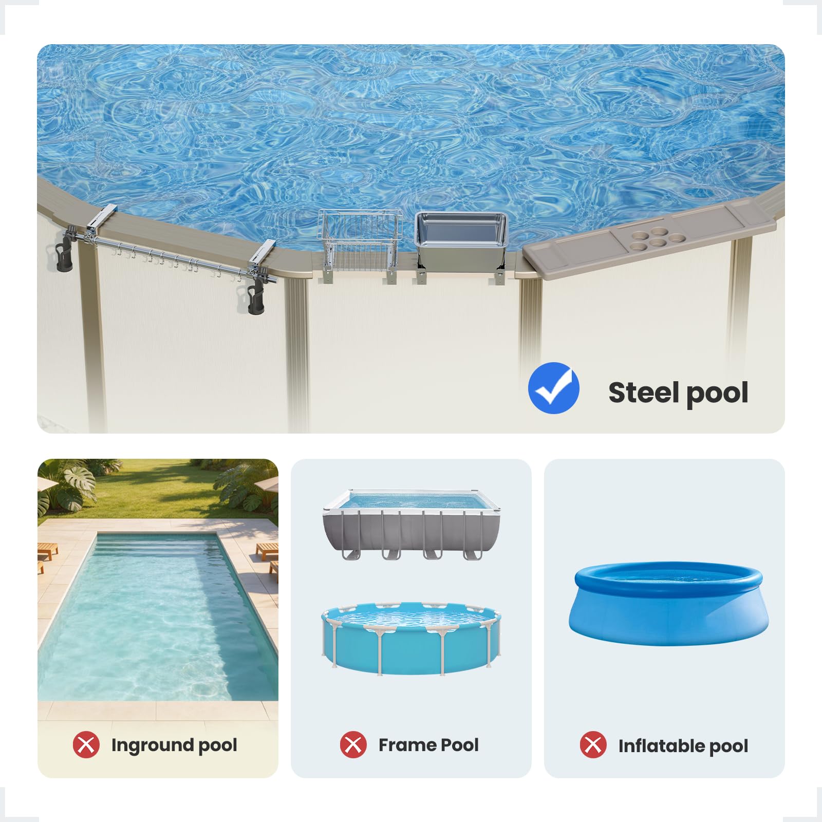 ECOPOOLTECH storage basket holding towels and sunscreen for organized poolside