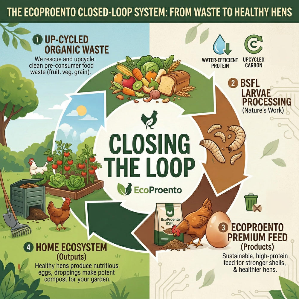 Ecoproento in backyard feed scene demonstrating convenience for flock care