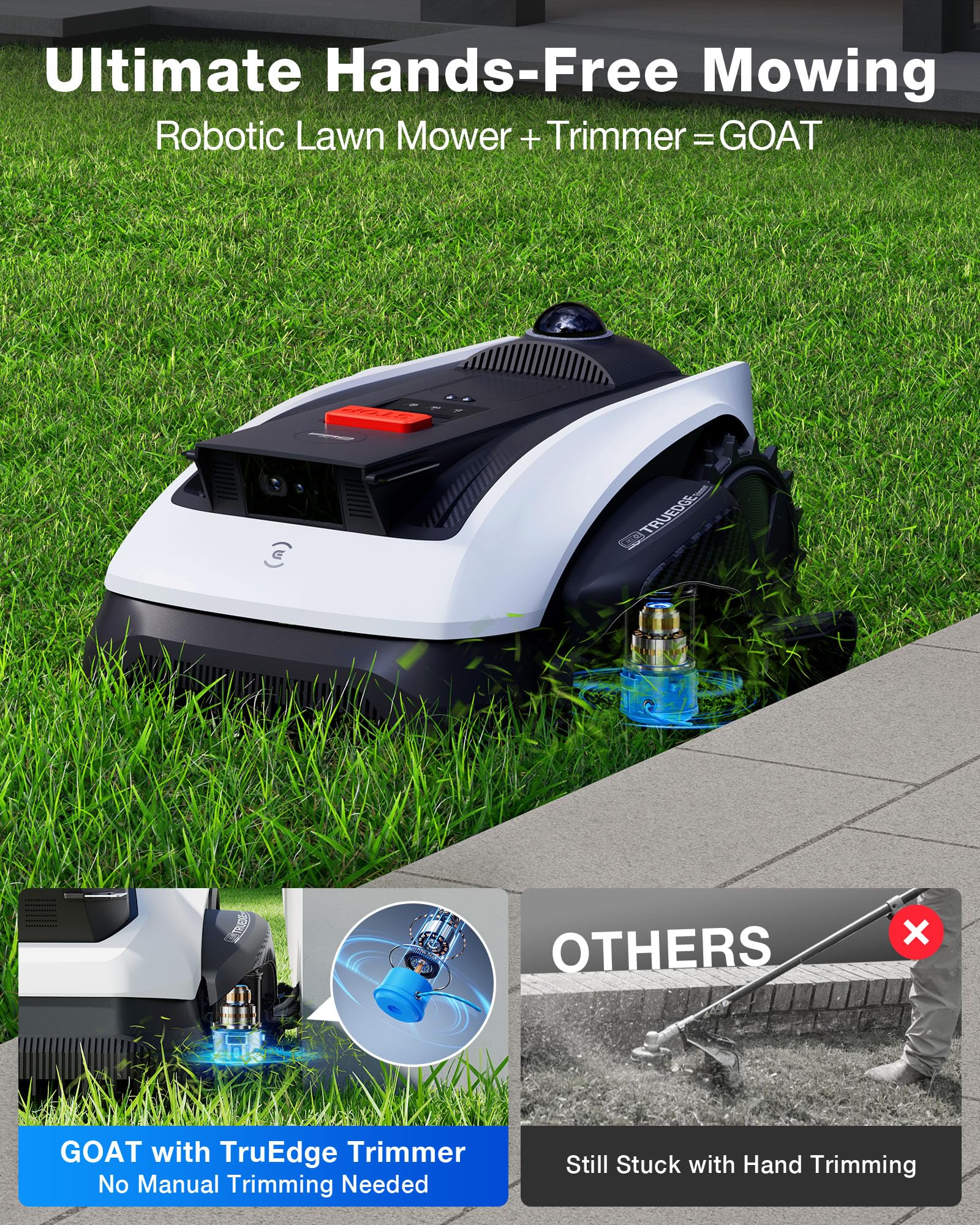 ECOVACS LiDAR sensor close-up showing dual-LiDAR for precise mapping and reliable yard navigation