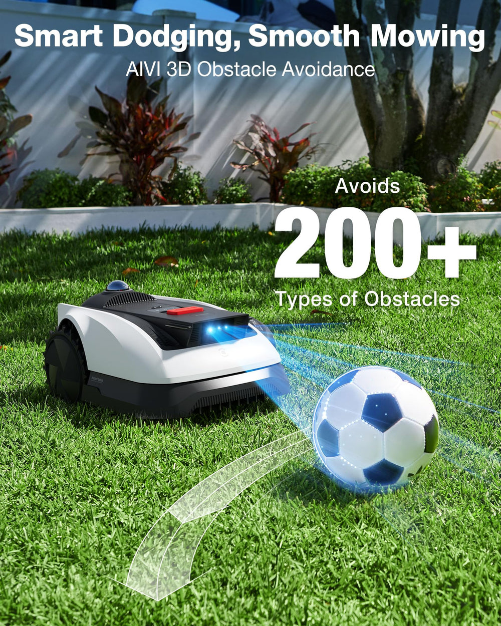 ECOVACS mower in a backyard near flower beds showing neat edge cuts and hands-free lawn care
