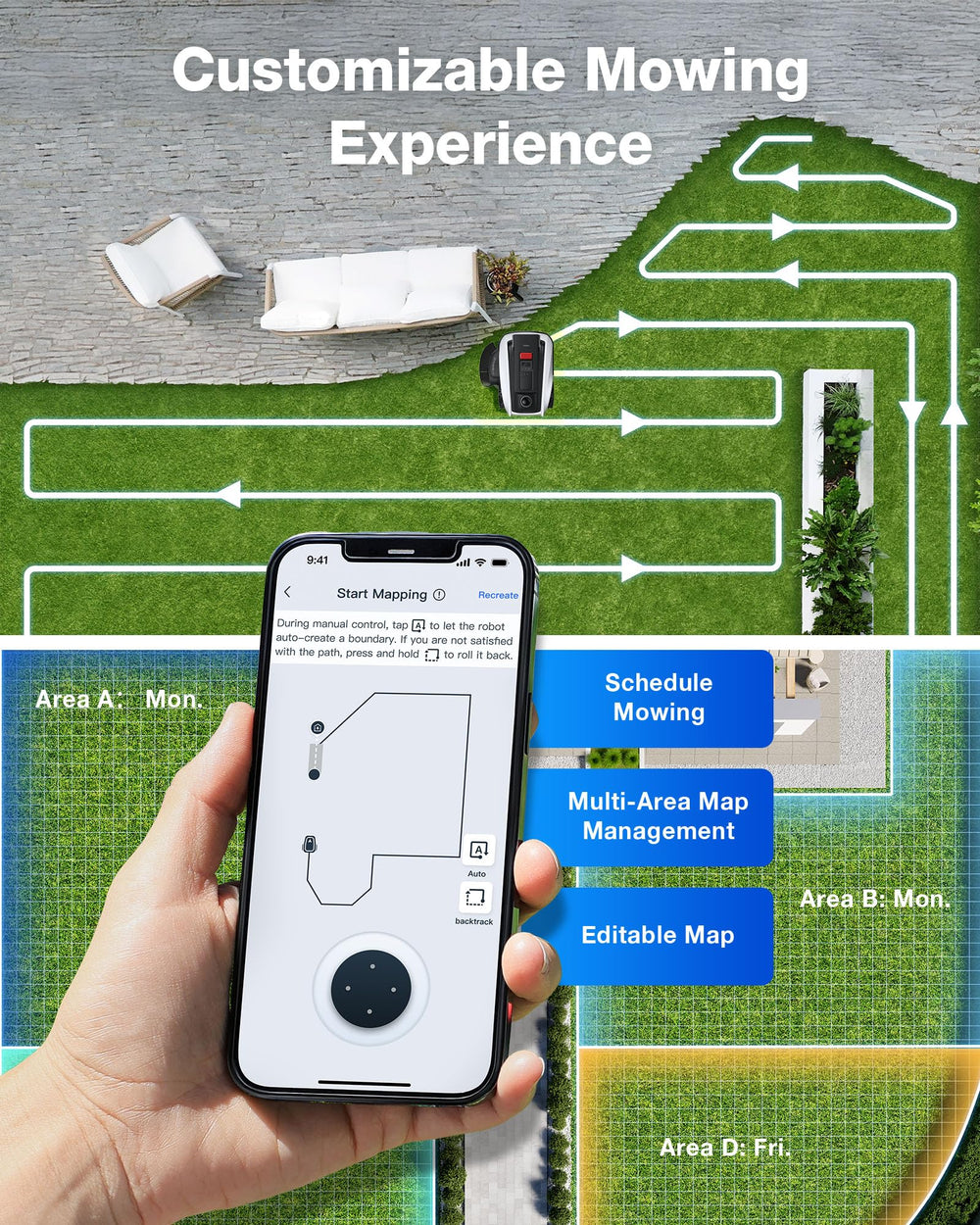 ECOVACS mower passing a narrow garden path demonstrating slim design for tight spaces