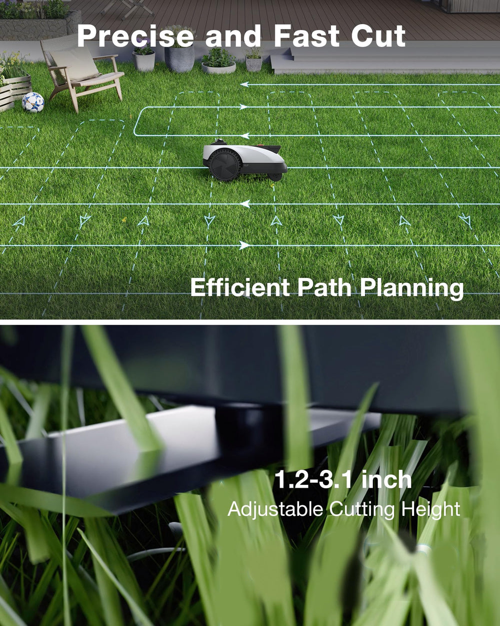 ECOVACS underside with blades visible illustrating durable cutting mechanism for consistent turf results