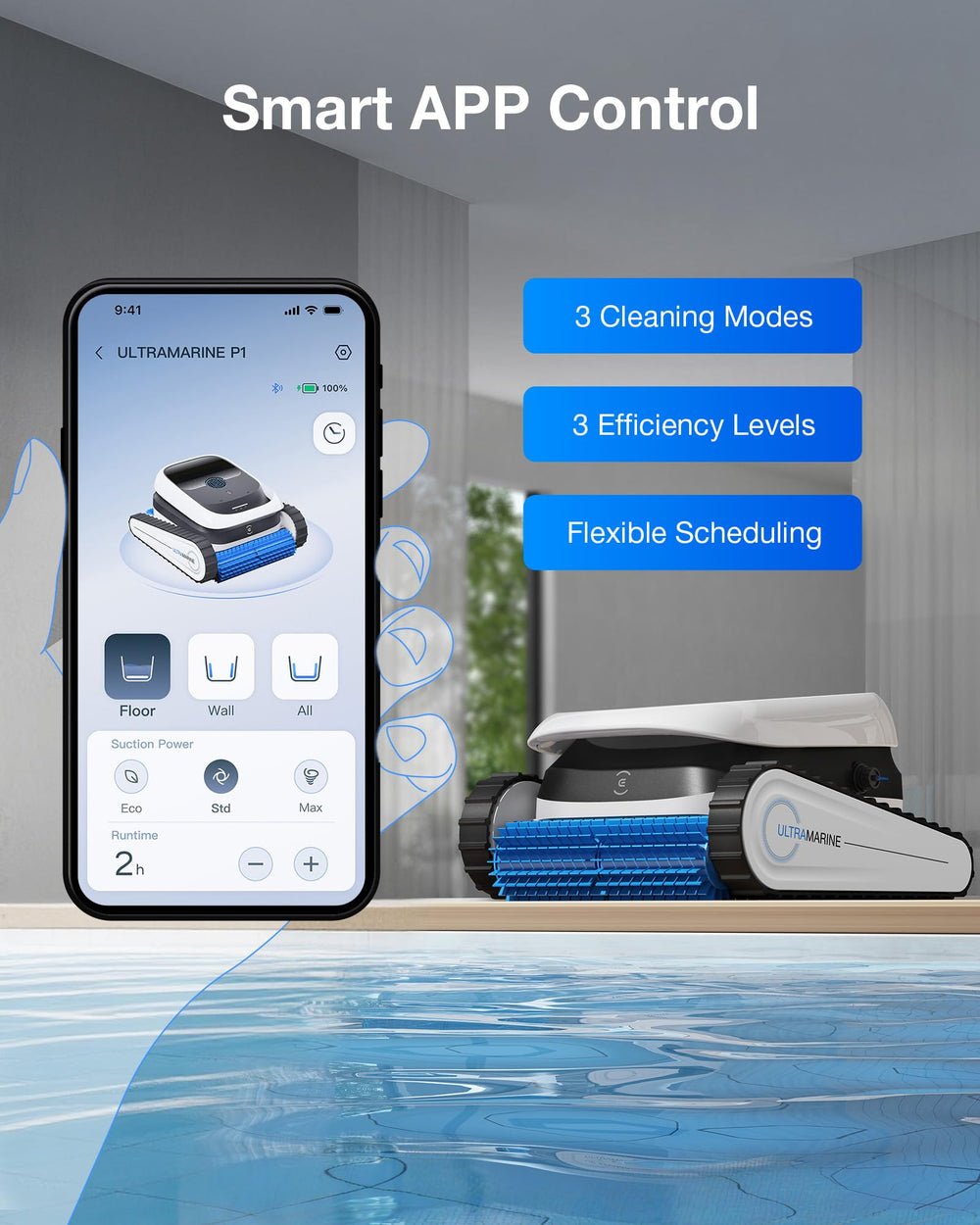 ECOVACS Ultramarine P1 with accessories showing scale, battery size and included charging adaptor