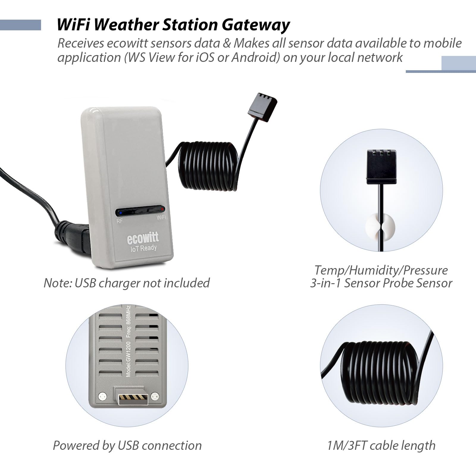 ECOWITT GW1200 side with USB cable and clip for flexible placement benefit