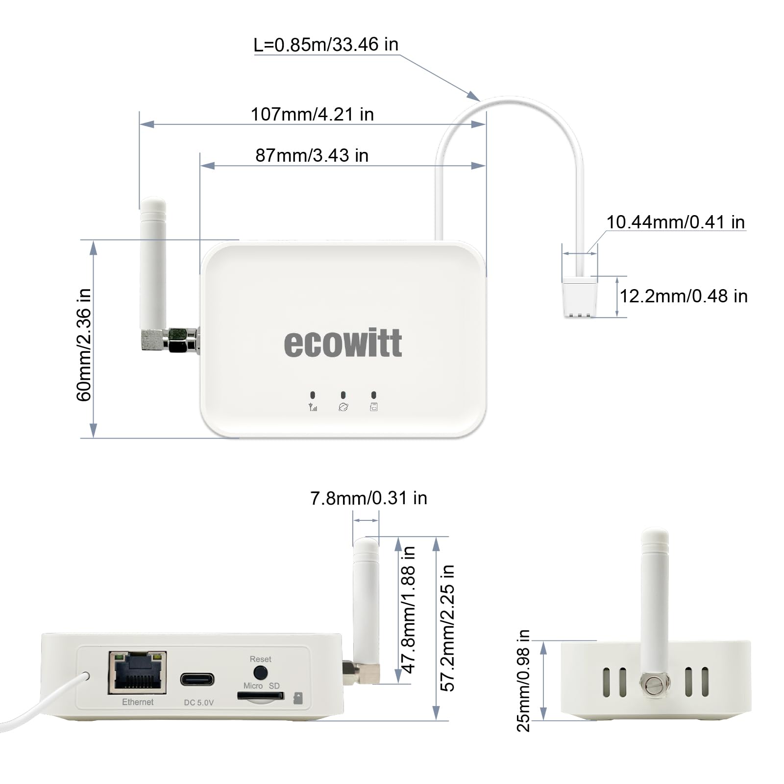 ECOWITT GW3000 rear ports view showing ethernet, power, and connectivity benefits