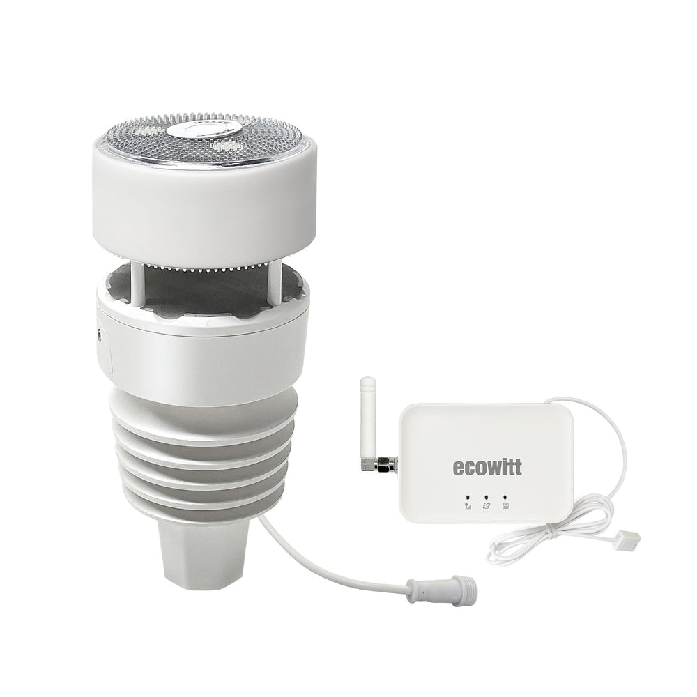 ECOWITT kit front view showing gateway and WS90 sensors for complete monitoring