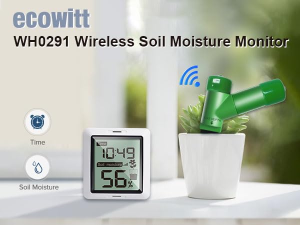 ECOWITT meter inserted in a potted plant showing practical in-home watering help