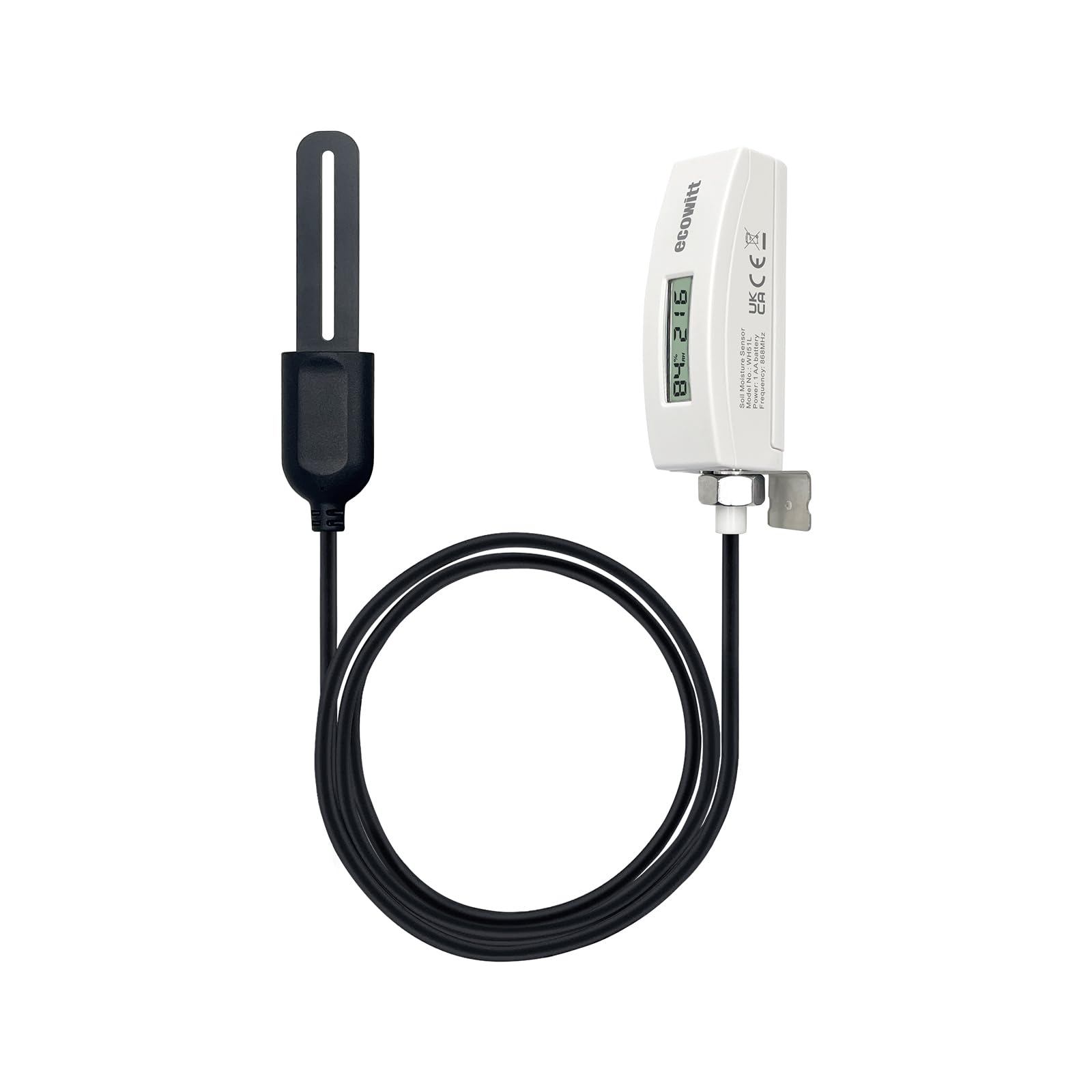 ECOWITT WH51L probe close-up highlighting IP68 waterproof housing for durable outdoor use.