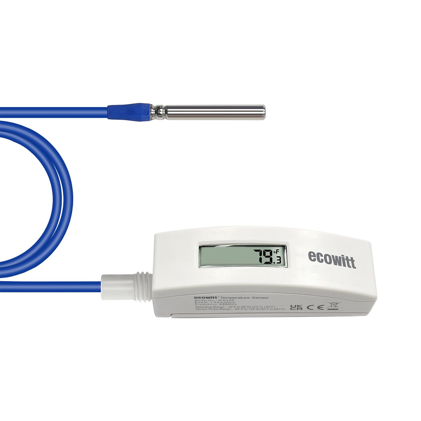 ECOWITT WN34BD packaging and labels indicating model and specifications