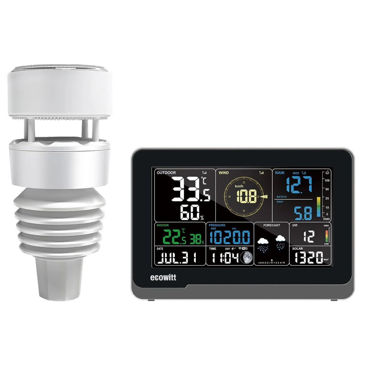 ECOWITT WS3900 console front view showing clear color display and benefits